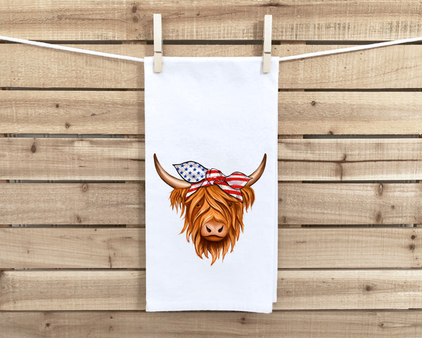 Patriotic Highland Cow Flour Sack Kitchen Towel with Hanging Loop - Funny Western Farmhouse Dish Cloth Housewarming Hostess Mothers Day