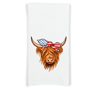 Patriotic Highland Cow Flour Sack Kitchen Towel with Hanging Loop - Funny Western Farmhouse Dish Cloth Housewarming Hostess Mothers Day