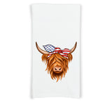 Patriotic Highland Cow Flour Sack Kitchen Towel with Hanging Loop - Funny Western Farmhouse Dish Cloth Housewarming Hostess Mothers Day