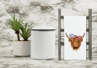 Patriotic Highland Cow Flour Sack Kitchen Towel with Hanging Loop - Funny Western Farmhouse Dish Cloth Housewarming Hostess Mothers Day