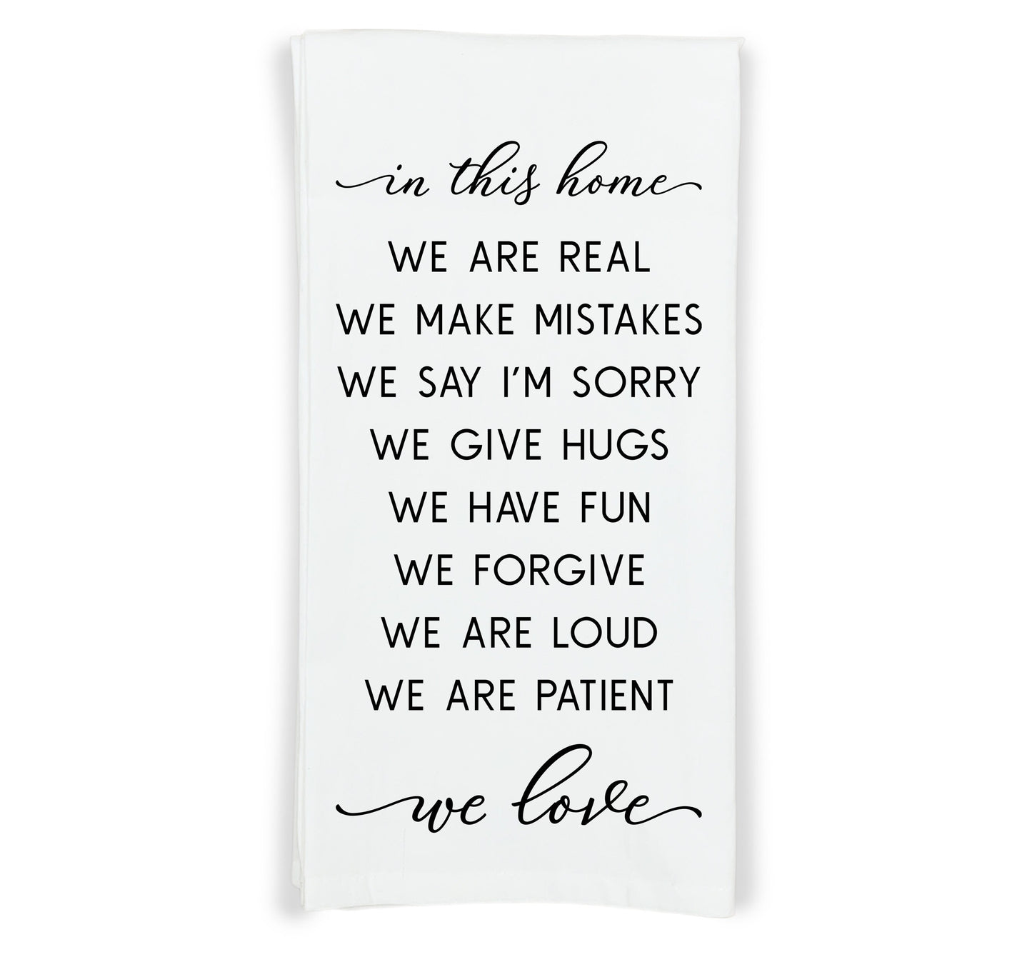 In This Home We Love Kitchen Towel with Hanging Loop - 100% Cotton Flour Sack Towels - Farmhouse Rustic Family Mother's Day Gift for Women
