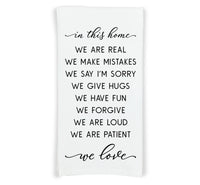 In This Home We Love Kitchen Towel with Hanging Loop - 100% Cotton Flour Sack Towels - Farmhouse Rustic Family Mother's Day Gift for Women