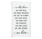 In This Home We Love Kitchen Towel with Hanging Loop - 100% Cotton Flour Sack Towels - Farmhouse Rustic Family Mother's Day Gift for Women