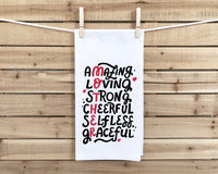 Amazing Loving Strong Cheerful Selfless Graceful Mother Kitchen Towel with Hanging Loop - 100% Cotton Flour Sack Towels Mother's Day Gift