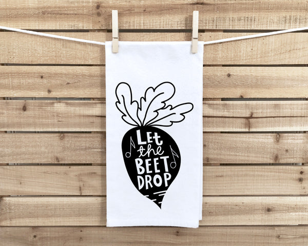 Let the Beet Drop Flour Sack Kitchen Towel with Hanging Loop Funny Vegetable Pun Cute Farmhouse Dish Cloth Housewarming Hostess Mothers Day