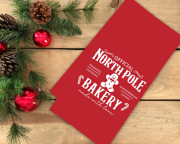 Official North Pole Bakery Made with Love Gingerbread Christmas Red and White Hand Towel Flour Sack Kitchen Holiday Home Decor for Men Women