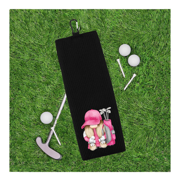 Pink Gnome Tri-fold Golf Towel with Clip 100% Microfiber Waffle Weave Cute Gift Idea for Women Mom Daughter Girlfriend Best Friend