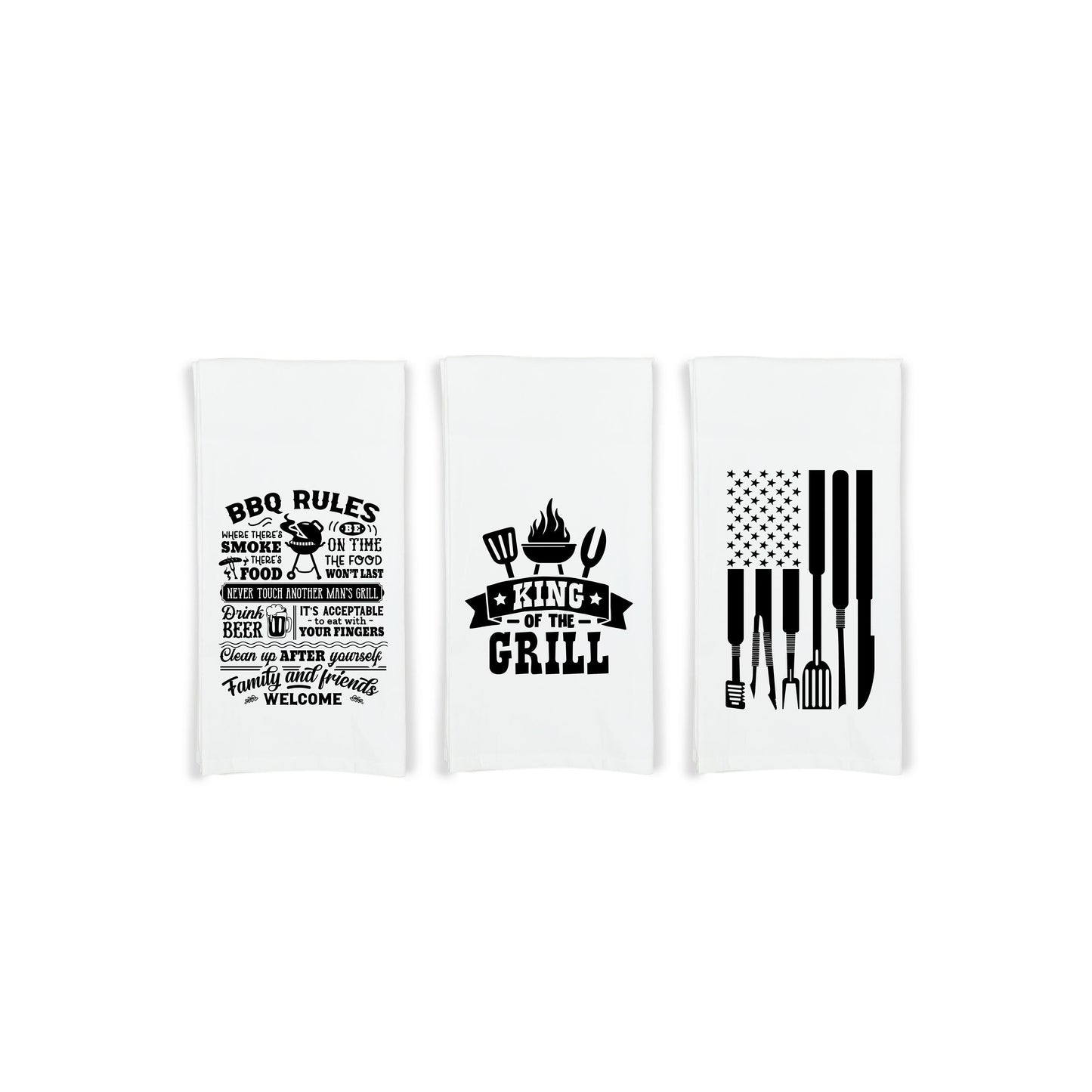 King of the Grill - BBQ Rules - Grill Tools Flag Gift Set of 3 Barbecue Themed Hand Towels for Men Dad Grandpa Husband Boyfriend Guy