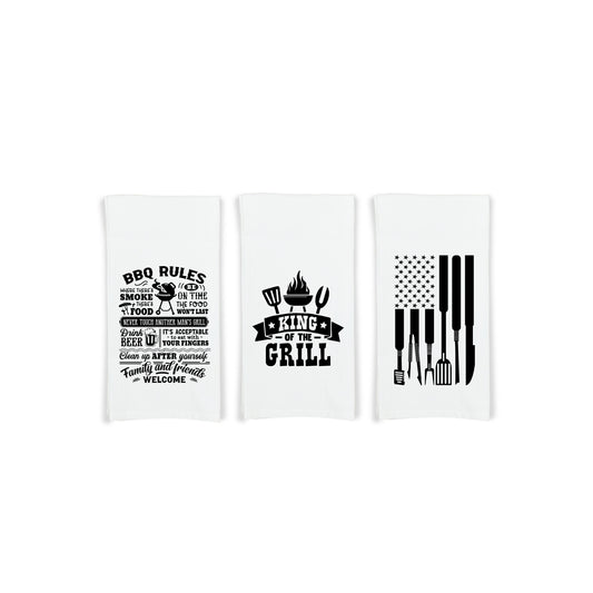 King of the Grill - BBQ Rules - Grill Tools Flag Gift Set of 3 Barbecue Themed Hand Towels for Men Dad Grandpa Husband Boyfriend Guy