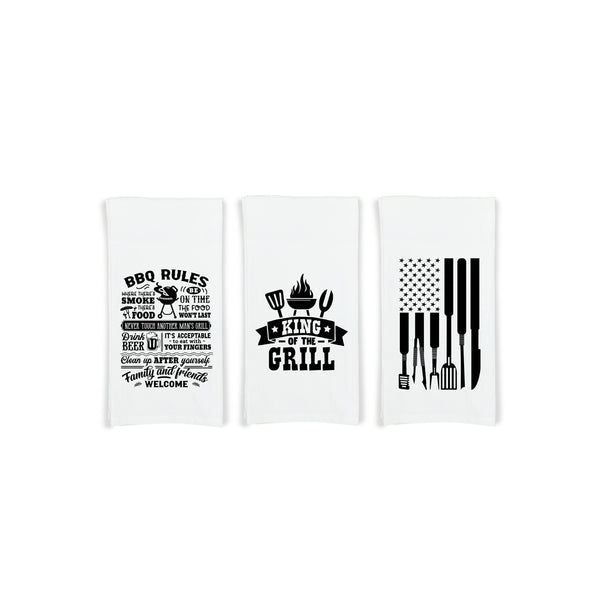 King of the Grill - BBQ Rules - Grill Tools Flag Gift Set of 3 Barbecue Themed Hand Towels for Men Dad Grandpa Husband Boyfriend Guy