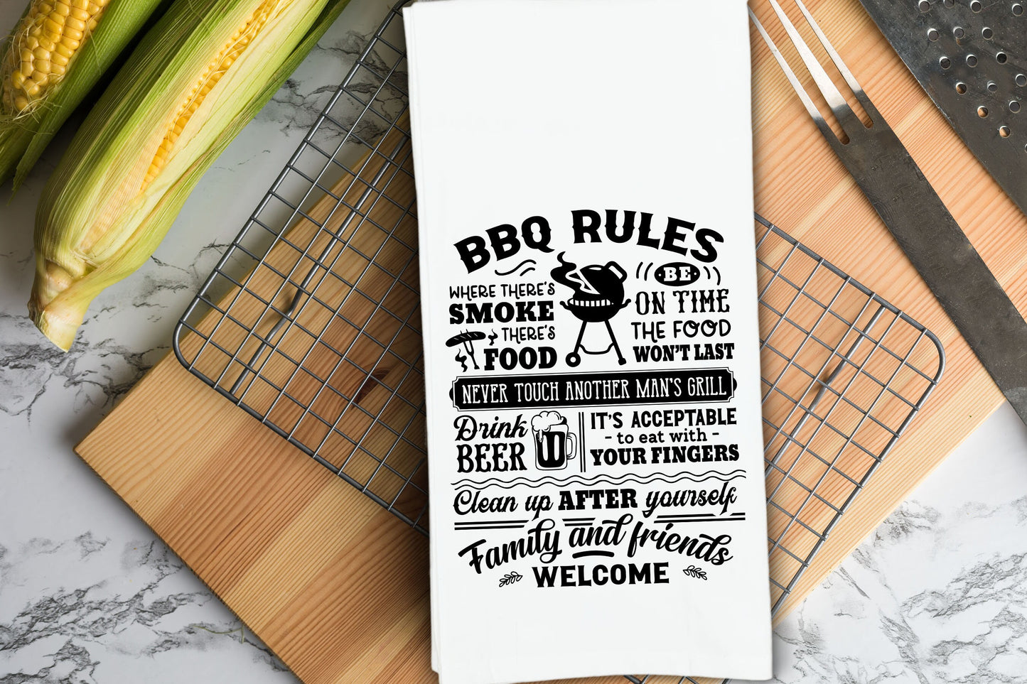 King of the Grill - BBQ Rules - Grill Tools Flag Gift Set of 3 Barbecue Themed Hand Towels for Men Dad Grandpa Husband Boyfriend Guy