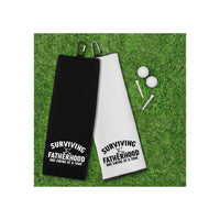Surviving Fatherhood One Swing at a Time Tri-fold Golf Towel with Clip 100% Microfiber Waffle Weave Black White Gift Idea for Golfer Men