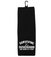 Surviving Fatherhood One Swing at a Time Tri-fold Golf Towel with Clip 100% Microfiber Waffle Weave Black White Gift Idea for Golfer Men