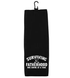 Surviving Fatherhood One Swing at a Time Tri-fold Golf Towel with Clip 100% Microfiber Waffle Weave Black White Gift Idea for Golfer Men