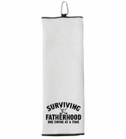 Surviving Fatherhood One Swing at a Time Tri-fold Golf Towel with Clip 100% Microfiber Waffle Weave Black White Gift Idea for Golfer Men
