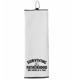 Surviving Fatherhood One Swing at a Time Tri-fold Golf Towel with Clip 100% Microfiber Waffle Weave Black White Gift Idea for Golfer Men