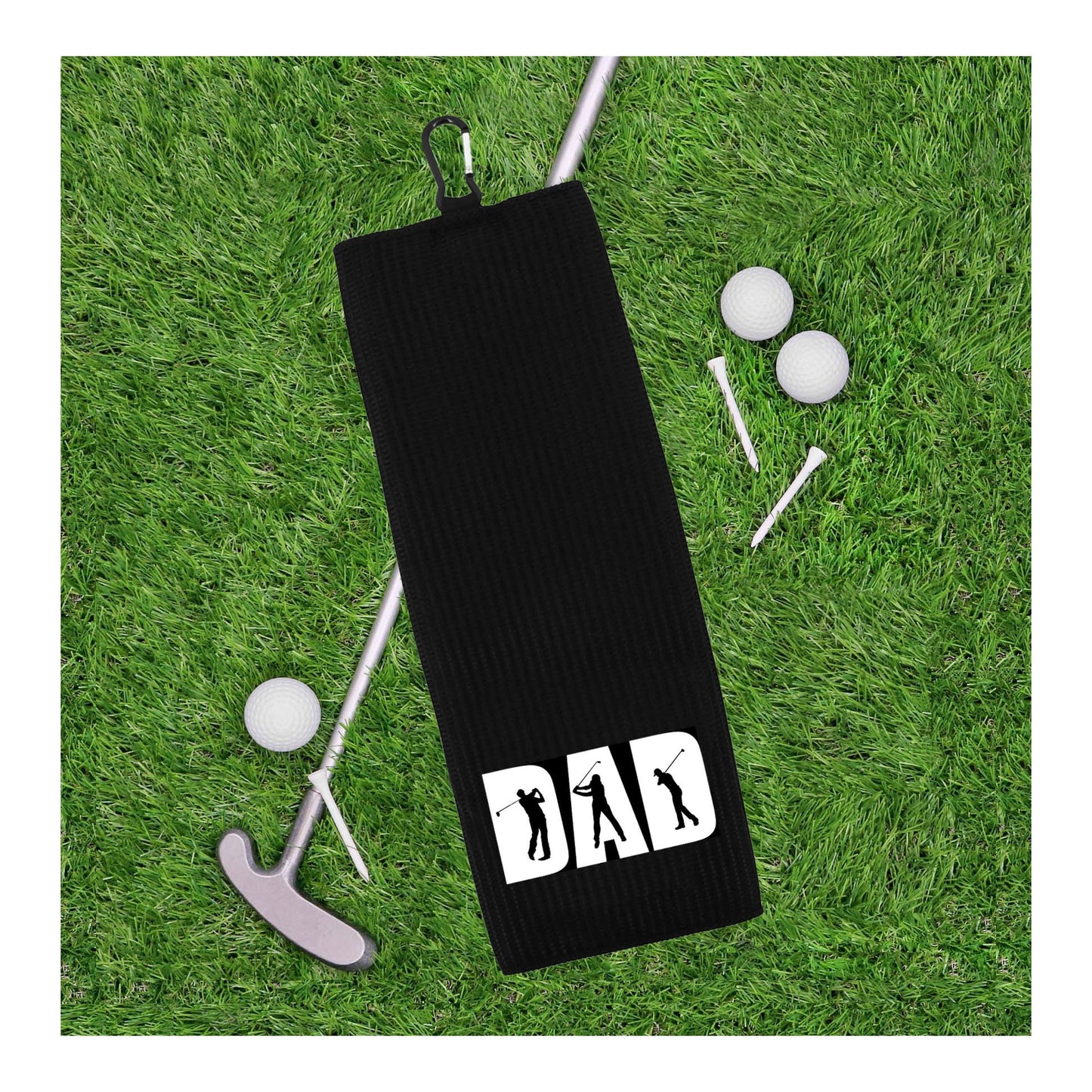 DAD Tri-fold Golf Towel with Clip 100% Microfiber Waffle Weave Black White Gift Idea for Golfer Men