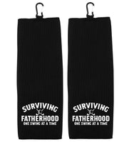 Surviving Fatherhood One Swing at a Time Tri-fold Golf Towel with Clip 100% Microfiber Waffle Weave Black White Gift Idea for Golfer Men