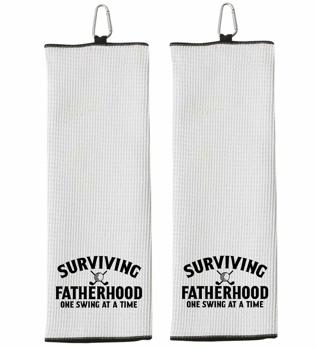 Surviving Fatherhood One Swing at a Time Tri-fold Golf Towel with Clip 100% Microfiber Waffle Weave Black White Gift Idea for Golfer Men