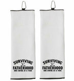Surviving Fatherhood One Swing at a Time Tri-fold Golf Towel with Clip 100% Microfiber Waffle Weave Black White Gift Idea for Golfer Men