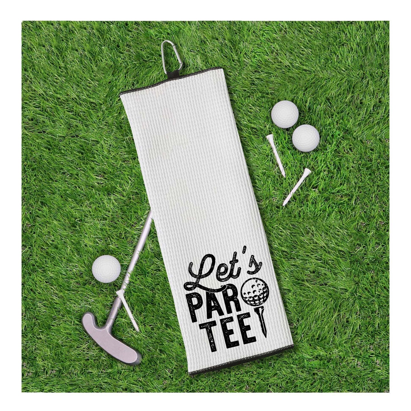 Let's Par Tee Tri-fold Golf Towel with Clip 100% Microfiber Waffle Weave Black White Gift Idea for Golfer Men Women Mom Dad