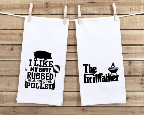 The Grillfather and I Like My Butt Rubbed and My Pork Pulled Gift Set of Two Funny Kitchen Towels for Men Who Love Grilling BBQ Grill Cook