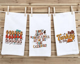 Set of 3 Thanksgiving Flour Sack Kitchen Towels Gobble Till You Wobble Talk Turkey to Me Turkey Gravy Casserole Housewarming Hostess Gift