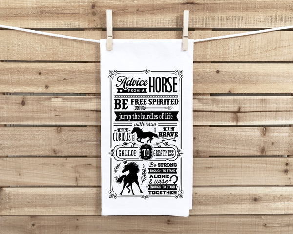 Advice from a Horse Funny Flour Sack Kitchen Towel with Saying Farmhouse Rustic Farm Themed Birthday Housewarming Home Christmas Gift Idea