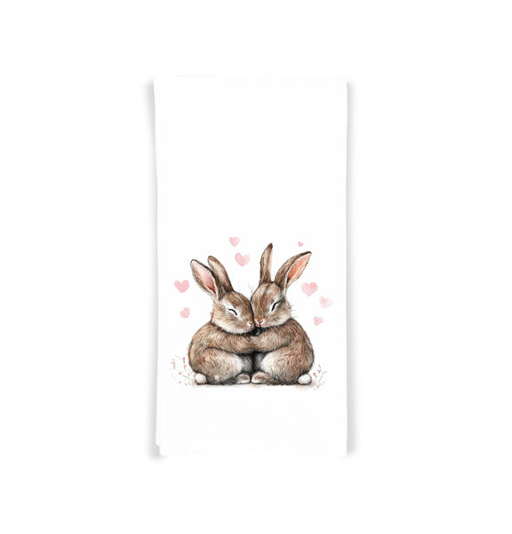 Bunny Couple Tea Towel, 27x27 Flour Sack Hand Towel, Valentine's Day Birthday Mother's Day Christmas Gift Idea for Rabbit Lovers
