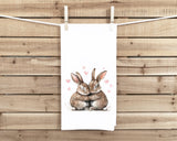 Bunny Couple Tea Towel, 27x27 Flour Sack Hand Towel, Valentine's Day Birthday Mother's Day Christmas Gift Idea for Rabbit Lovers