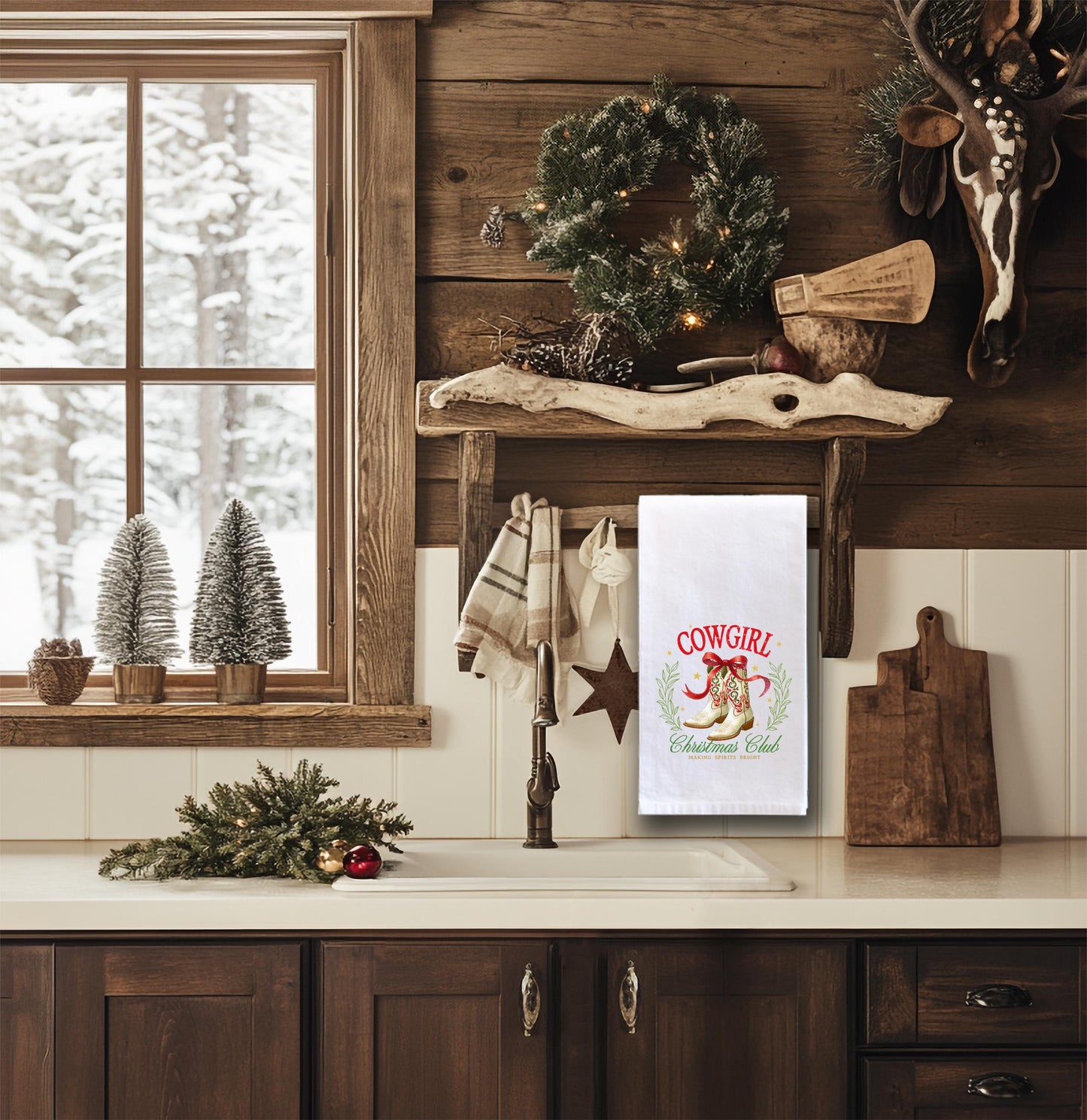 Coquette Cowgirl Christmas Club Flour Sack Hand Towel Western Southwestern Country Holiday Home Kitchen Bathroom Decor
