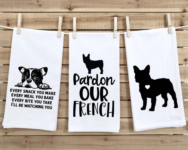 Set of 3 French Bulldog Flour Sack Kitchen Towels Funny Frenchie Dog Hand Tea Dish Towels Birthday Housewarming Christmas Gift for Women Men