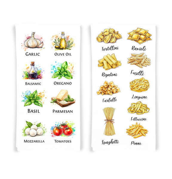 Italian Ingredients and Pasta Kitchen Towel Set of 2 - Gift Idea for Italian Food Lover