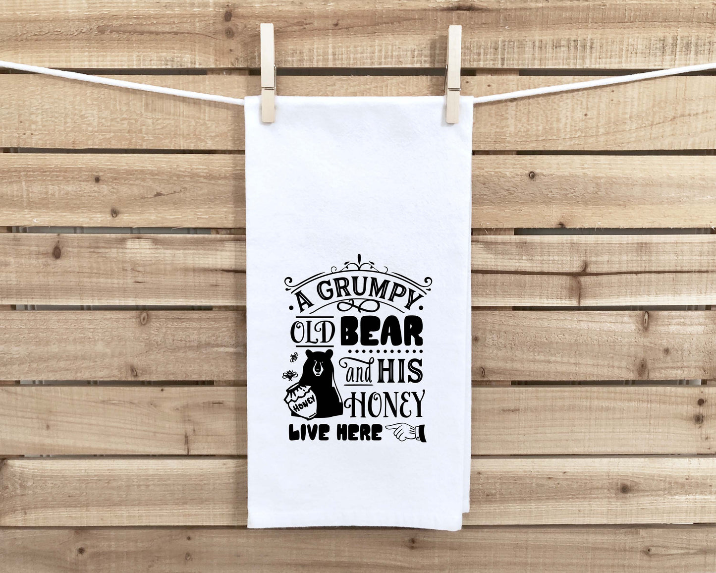 A Grumpy Old Bear and His Honey Live Here Funny Grilling Kitchen Towel Birthday Father's Day Christmas Gift for Men Husband Dad Grandpa Him