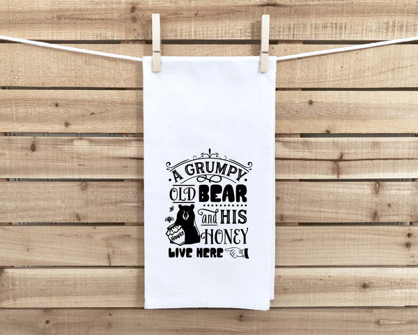 A Grumpy Old Bear and His Honey Live Here Funny Grilling Kitchen Towel Birthday Father's Day Christmas Gift for Men Husband Dad Grandpa Him