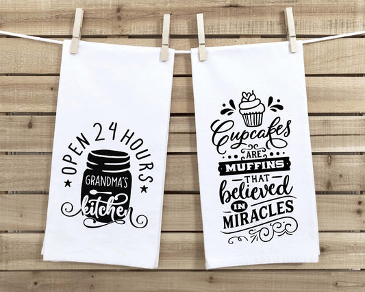 Grandma's Kitchen Open 24 Hours and Cupcakes Are Muffins That Believed in Miracles Set of Two Cute Kitchen Towels for Gift for Grandmother