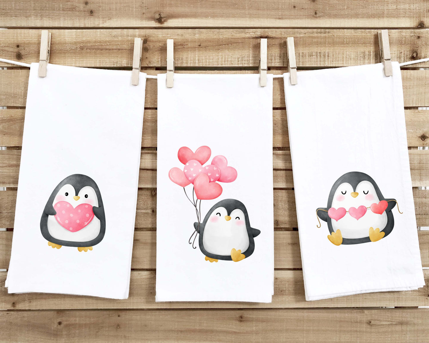 Set of 3 Penguin Flour Sack Kitchen Towels Cute Pink Hearts Balloons Hand Tea Dish Towel Valentine's Day Birthday Gift Idea