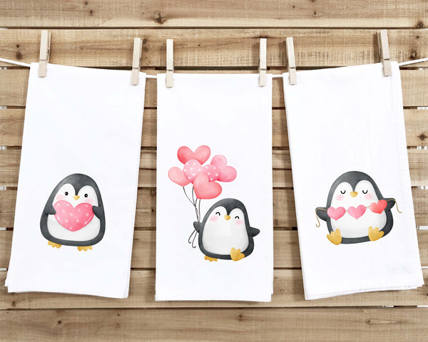 Set of 3 Penguin Flour Sack Kitchen Towels Cute Pink Hearts Balloons Hand Tea Dish Towel Valentine's Day Birthday Gift Idea