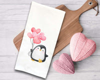 Set of 3 Penguin Flour Sack Kitchen Towels Cute Pink Hearts Balloons Hand Tea Dish Towel Valentine's Day Birthday Gift Idea