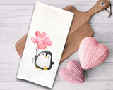 Set of 3 Penguin Flour Sack Kitchen Towels Cute Pink Hearts Balloons Hand Tea Dish Towel Valentine's Day Birthday Gift Idea
