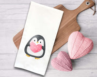Set of 3 Penguin Flour Sack Kitchen Towels Cute Pink Hearts Balloons Hand Tea Dish Towel Valentine's Day Birthday Gift Idea