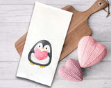 Set of 3 Penguin Flour Sack Kitchen Towels Cute Pink Hearts Balloons Hand Tea Dish Towel Valentine's Day Birthday Gift Idea
