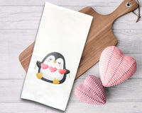 Set of 3 Penguin Flour Sack Kitchen Towels Cute Pink Hearts Balloons Hand Tea Dish Towel Valentine's Day Birthday Gift Idea