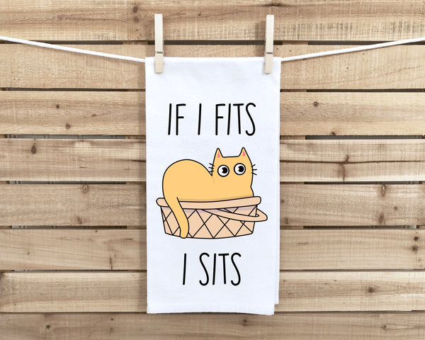 If I Fits I Sits Cat Kitchen Towel with Hanging Loop - Funny Cute Home Decor Housewarming Hostess Mothers Day Cat Lover Gift