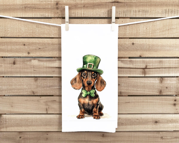 Dachshund St. Patricks's Day 100% Cotton Flour Sack Tea Towel with Hanging Loop - Dog Lover Saint Patty's Kitchen Decor