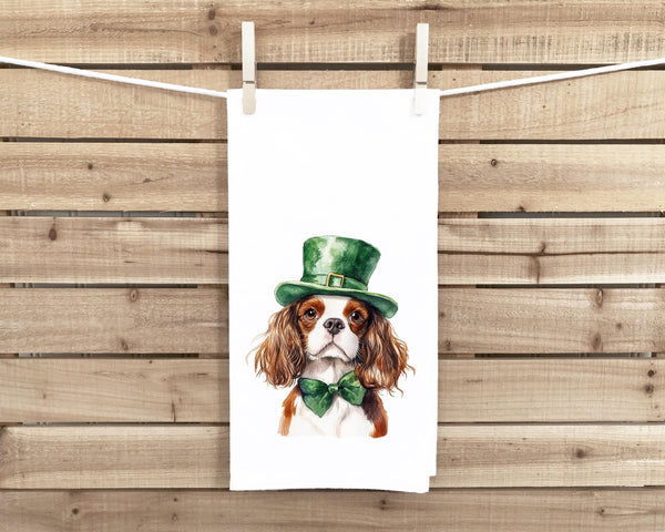Blenheim Cavalier King Charles St. Patricks's Day 100% Cotton Flour Sack Tea Towel with Hanging Loop - Dog Lover Saint Patty's Kitchen Decor