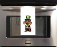 Dachshund St. Patricks's Day 100% Cotton Flour Sack Tea Towel with Hanging Loop - Dog Lover Saint Patty's Kitchen Decor
