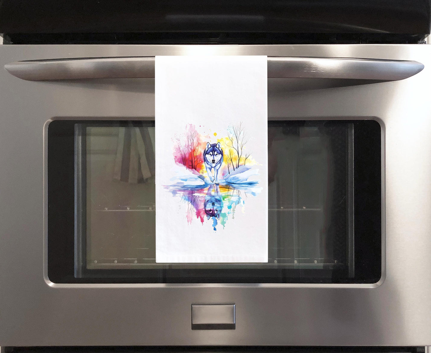 Siberian Husky Rainbow Winter Sunset Reflection Flour Sack Kitchen Towel Dog Dish Cloth Mother's Day Hostess Birthday Christmas Gift Idea