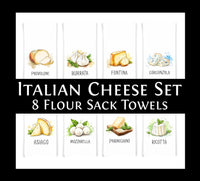 Italian Cheese Kitchen Towel Set of 8 - Mozzarella Ricotta Burrata Fontina Gorgonzola Parmigiano Asiago Provolone - Cheese Lover Gift Idea