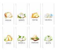 Italian Cheese Kitchen Towel Set of 8 - Mozzarella Ricotta Burrata Fontina Gorgonzola Parmigiano Asiago Provolone - Cheese Lover Gift Idea